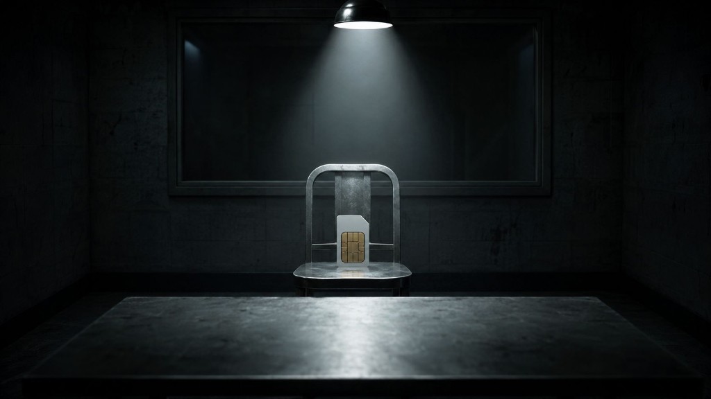 A SIM card sitting alone in an interrogation room under a spotlight